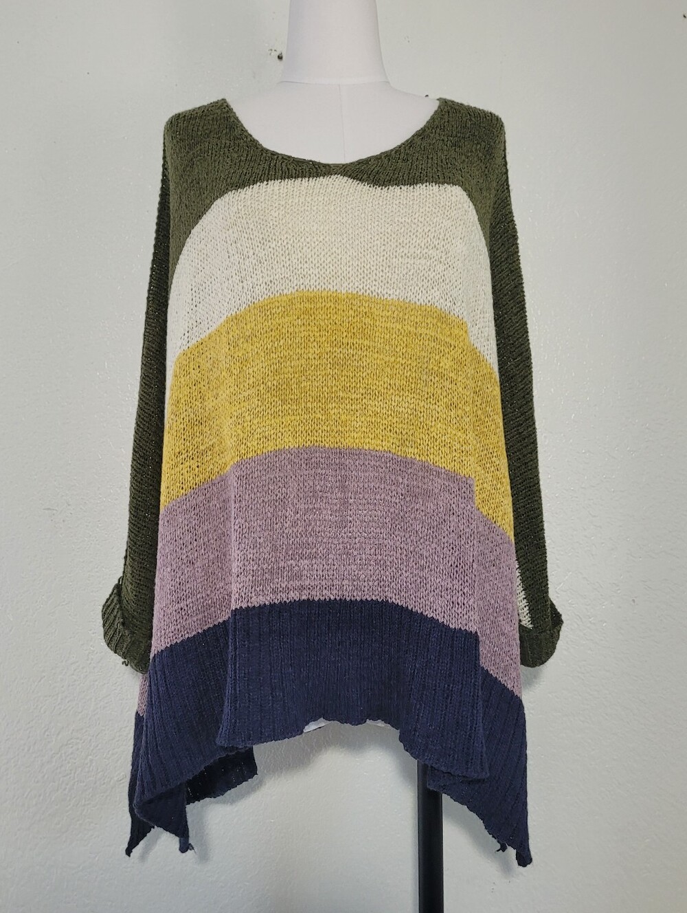 She + Sky Olive Cream Yellow Lavender Navy Striped Relaxed Fit  Knit Sweater OS